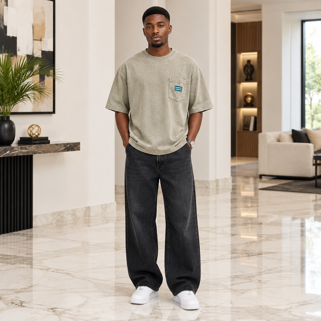 Man wearing taupe washed oversized pocket tee