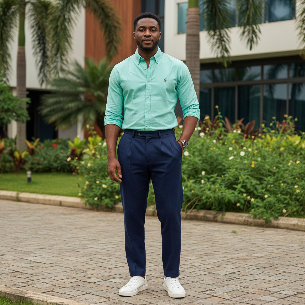 Nigerian male model wearing mint green long-sleeve button-down casual shirt full body shot