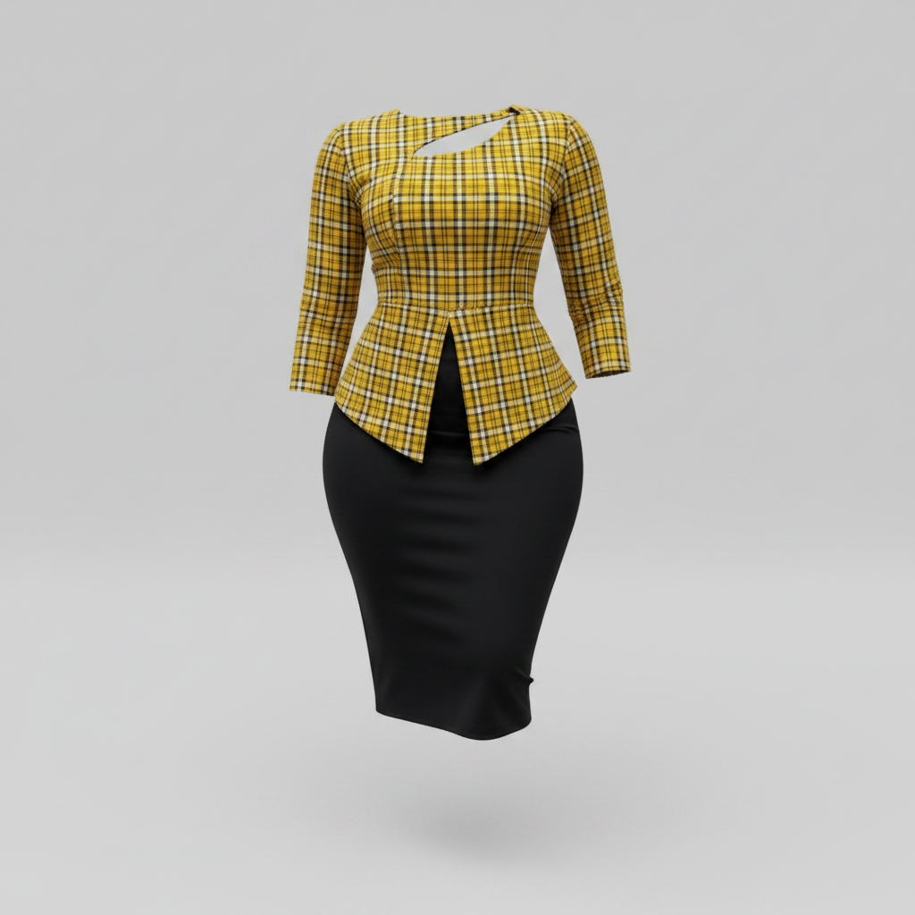 Ghost mannequin view of the yellow plaid women’s skirt set