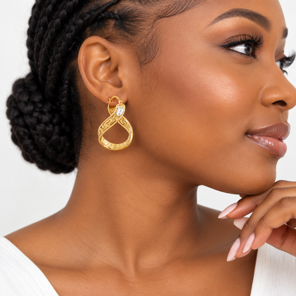 Gold Greek Key Teardrop Hoop Earrings – Model Shot