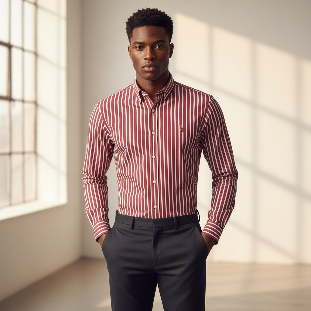 Nigerian model wearing Ralph Polo Burgundy Red White Stripe Shirt