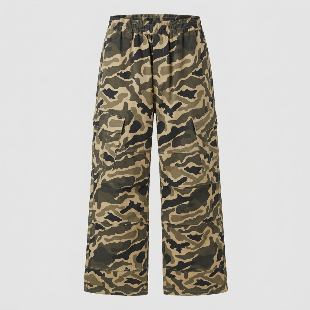 Beige and olive camouflage cargo trousers, front ghost mannequin view