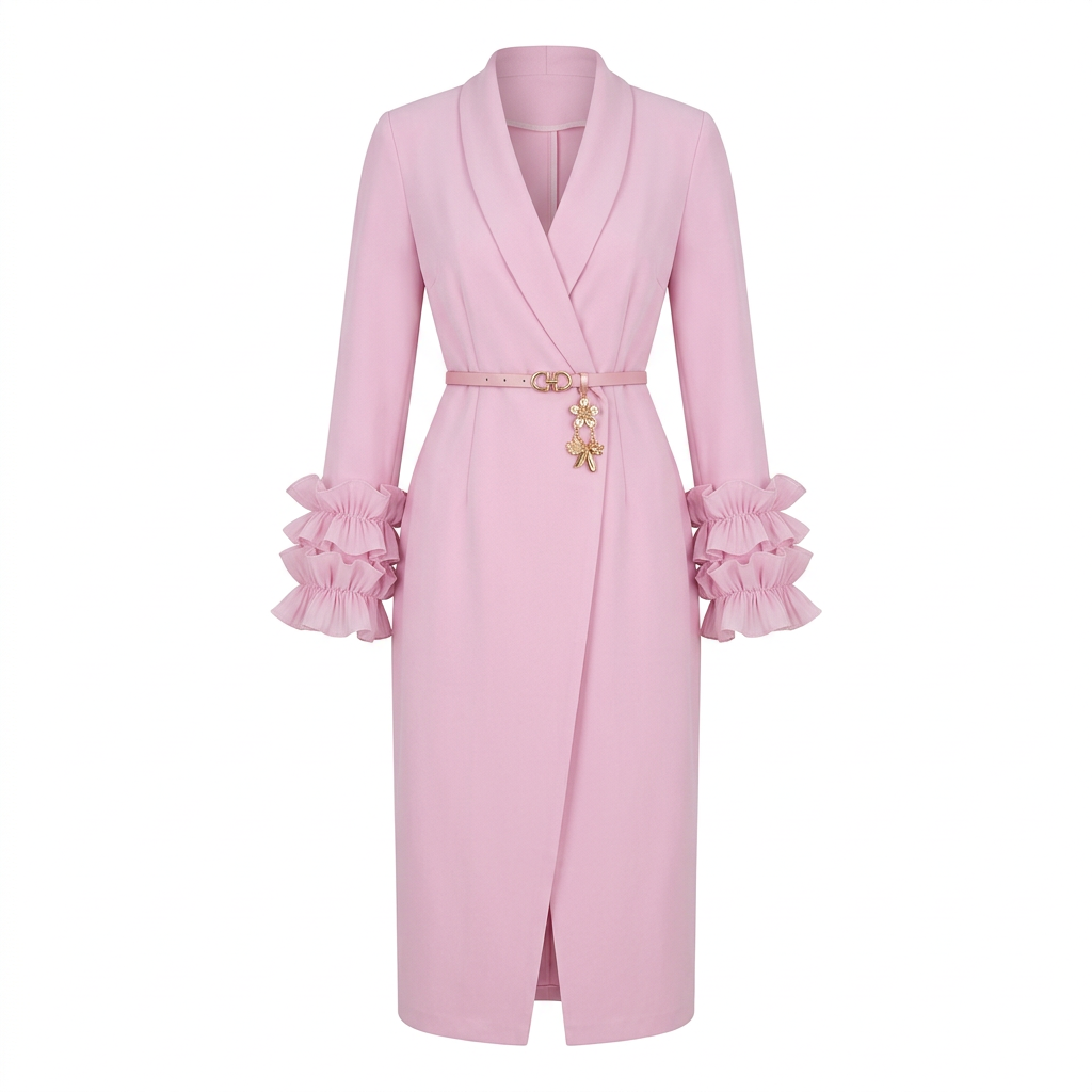 Pink belted ruffle-cuff wrap-style midi dress, ghost-mannequin view