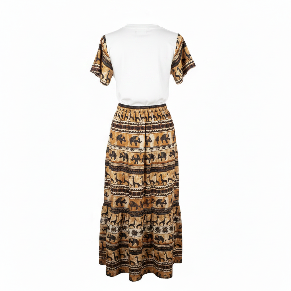 Ghost mannequin back view of white muscle tank and African print maxi skirt set