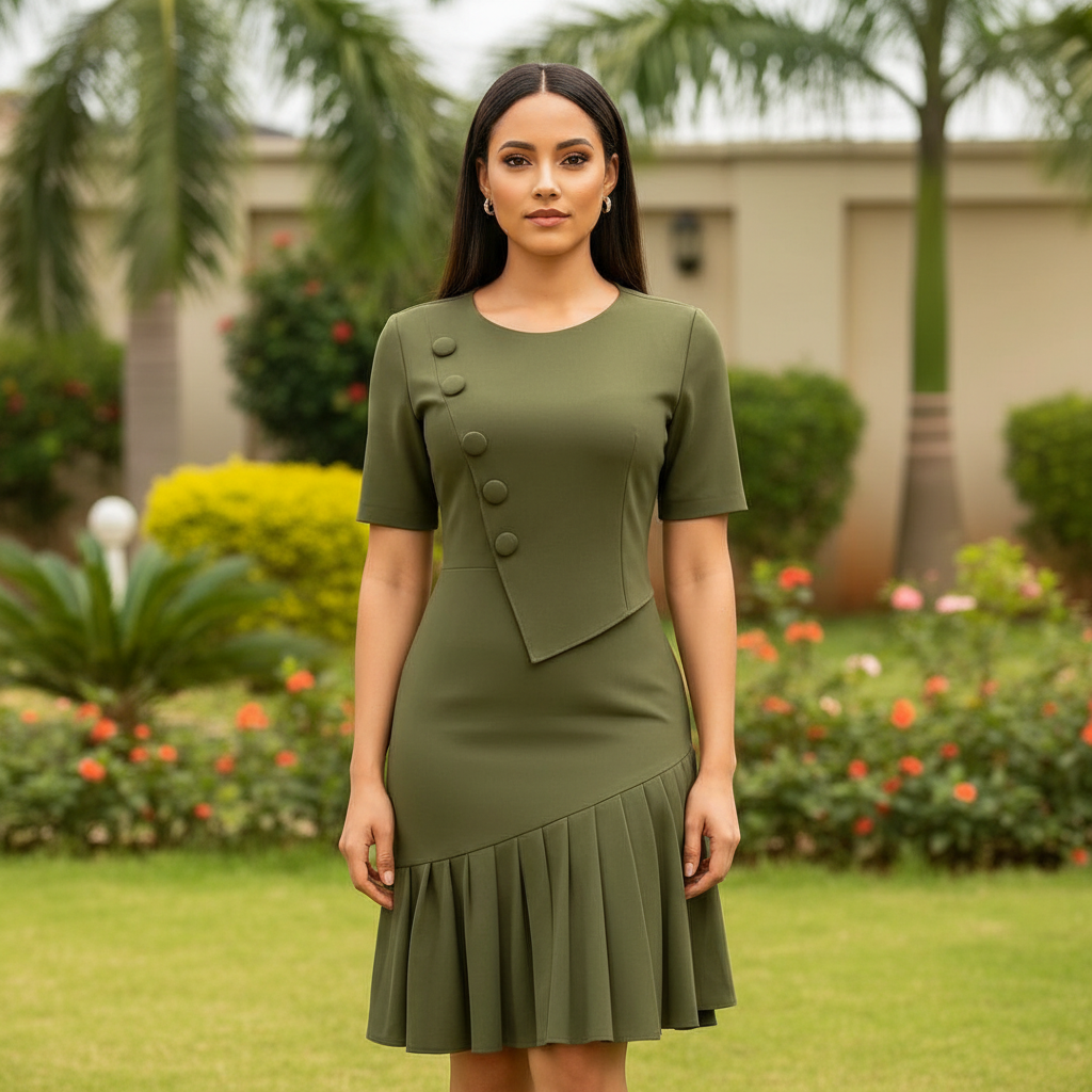 Women's Olive Green Pleated Hem Bodycon Midi Dress – Nigerian Female Model Shot