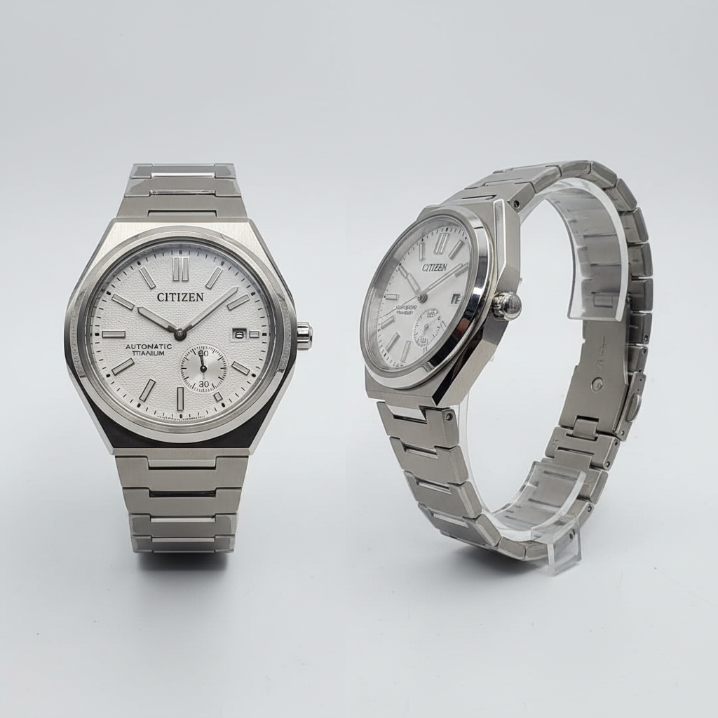 Silver automatic titanium watch front and side ghost mannequin view