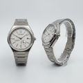 Silver automatic titanium watch front and side ghost mannequin view