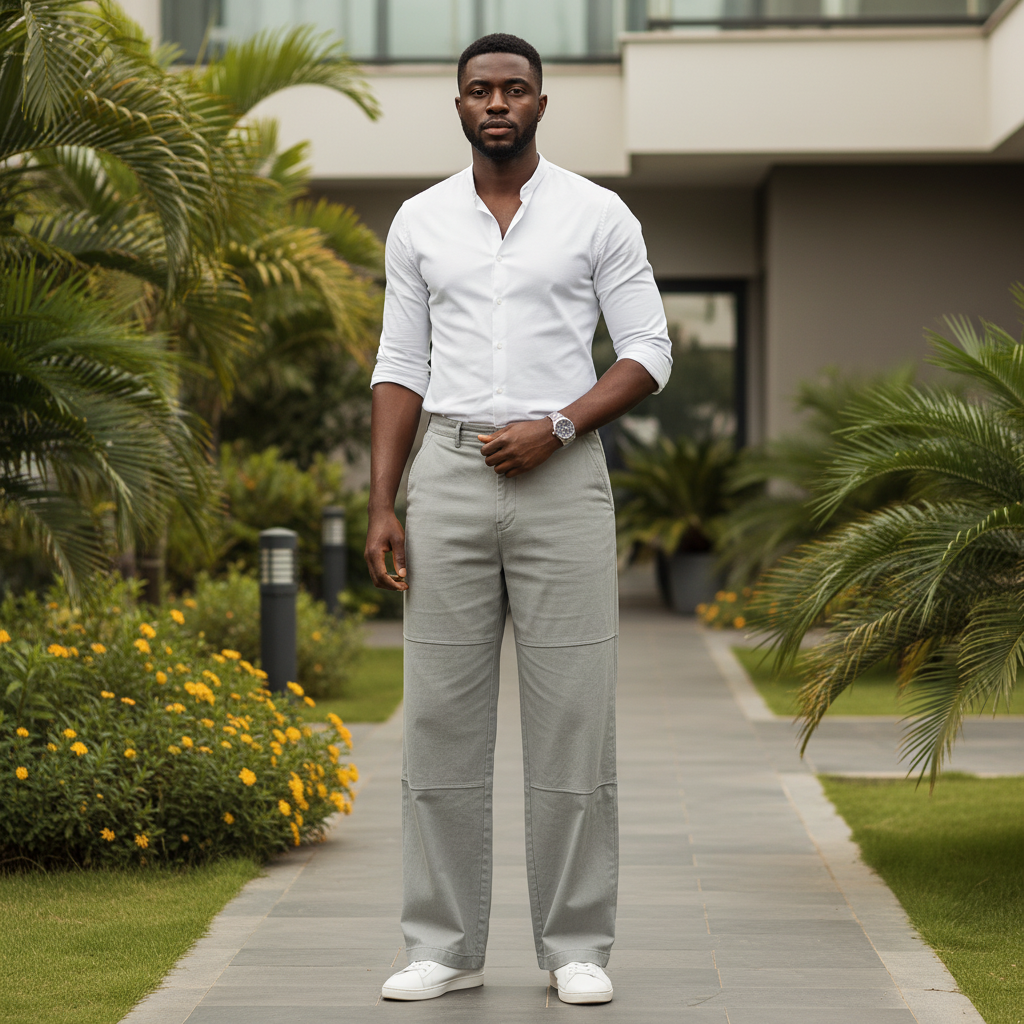 Nigerian male model wearing grey wide-leg trousers in outdoor setting
