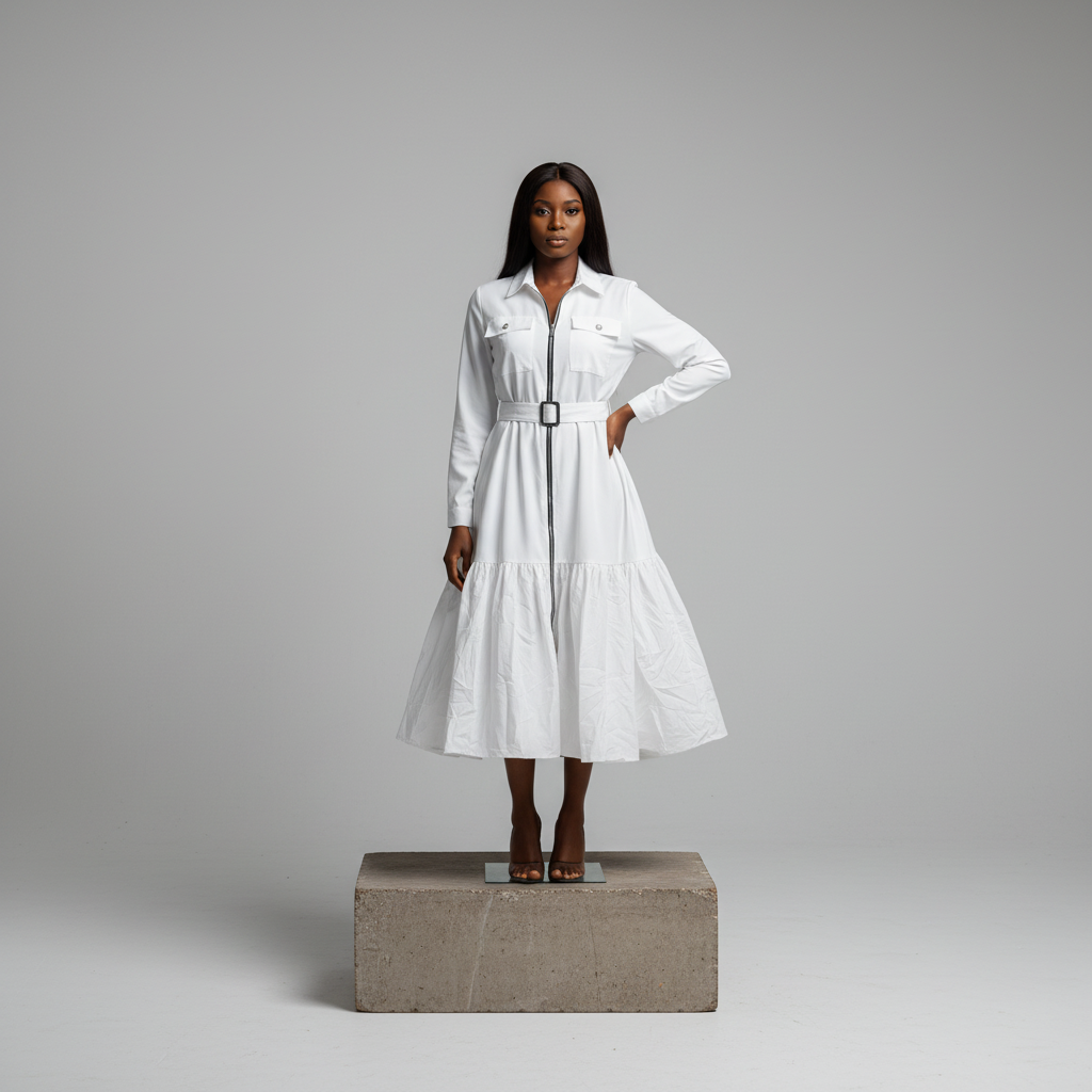 White Zip-Front Belted Shirt Dress - Model Front