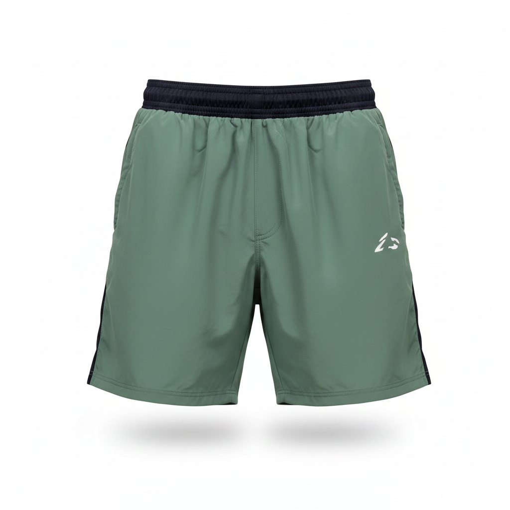 Seaweed green premium sport shorts ghost mannequin view