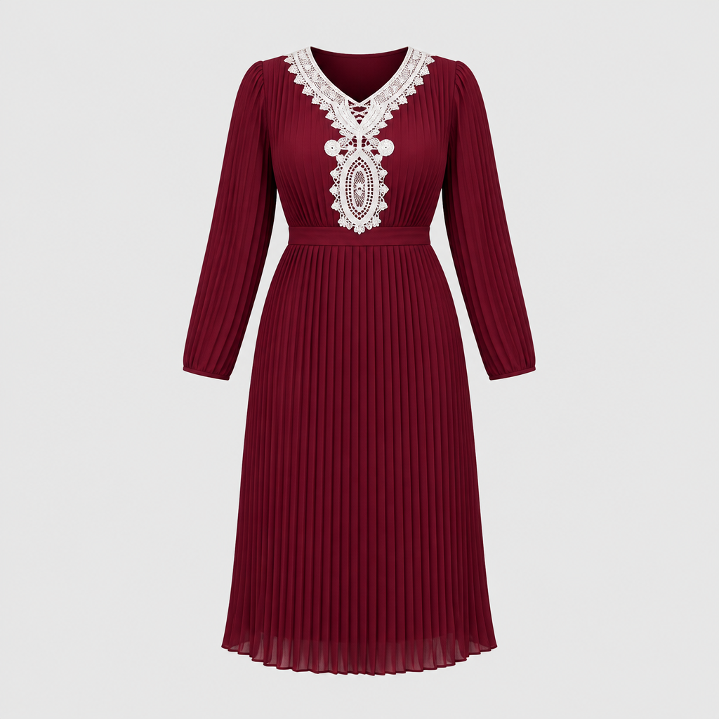 Burgundy pleated midi dress with white lace detail