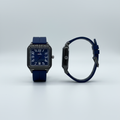 Blue numeral square wristwatch shown from the front and side
