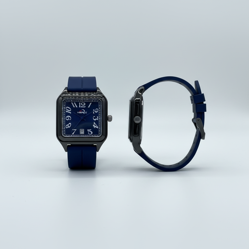 Blue numeral square wristwatch shown from the front and side