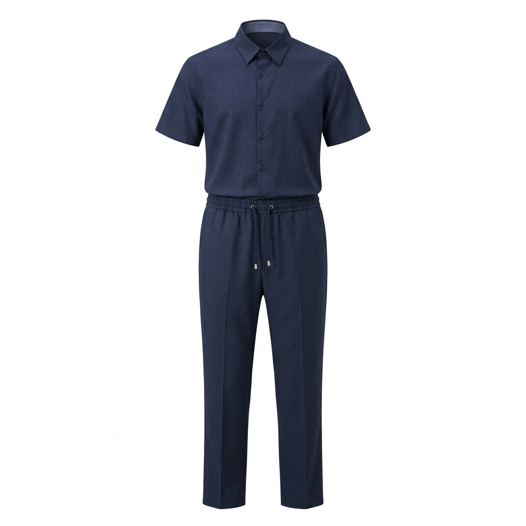 Navy button-up shirt and drawstring trouser set on white background