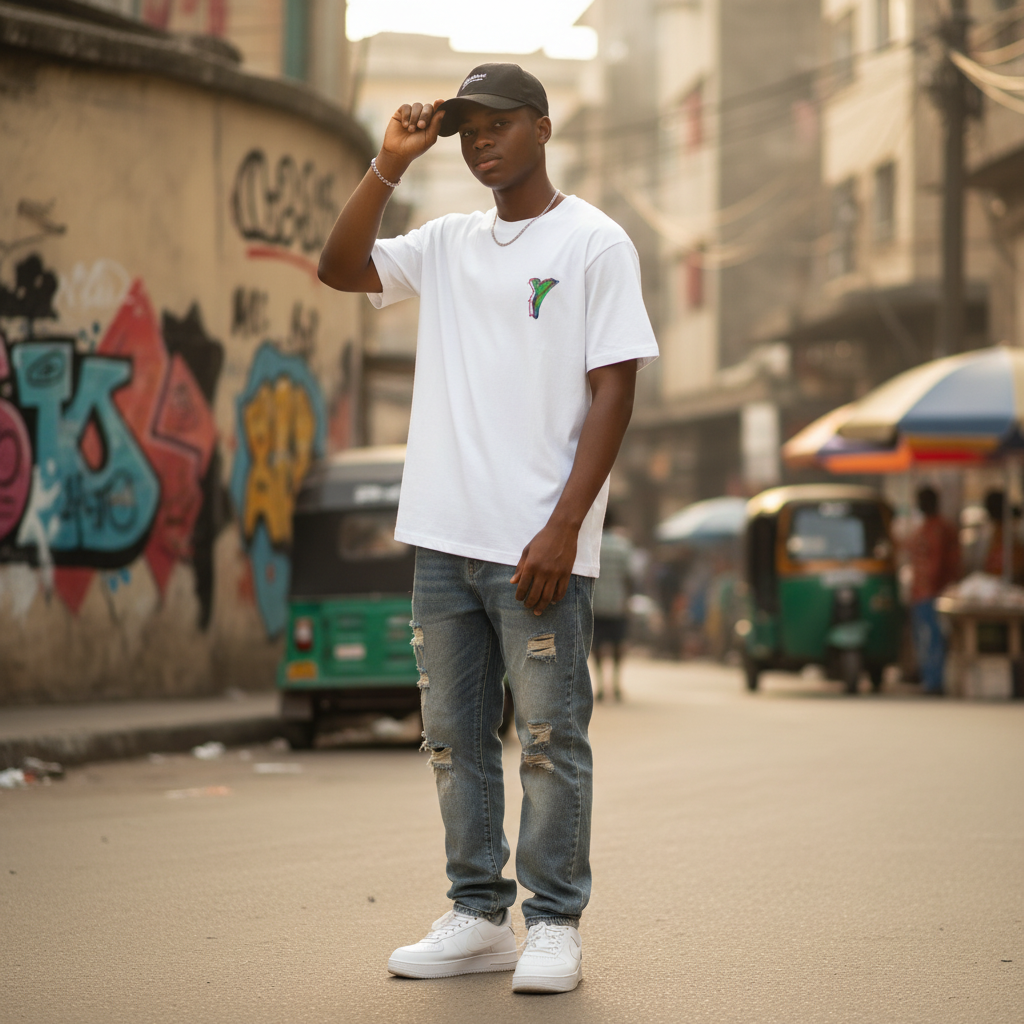Young Nigerian teen wearing white Yyds graffiti graphic oversized tee