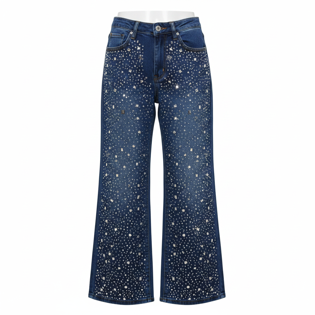 Navy Blue Allover Rhinestone Crystal Wide-Leg Jeans - Ghost Mannequin Front