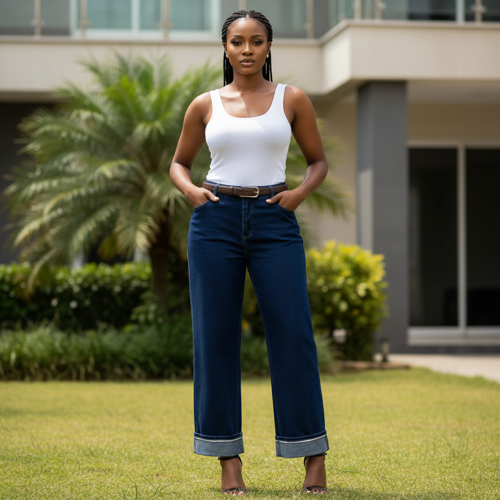 Navy Wide-Leg Cuffed Jeans - Nigerian Female Model Front View