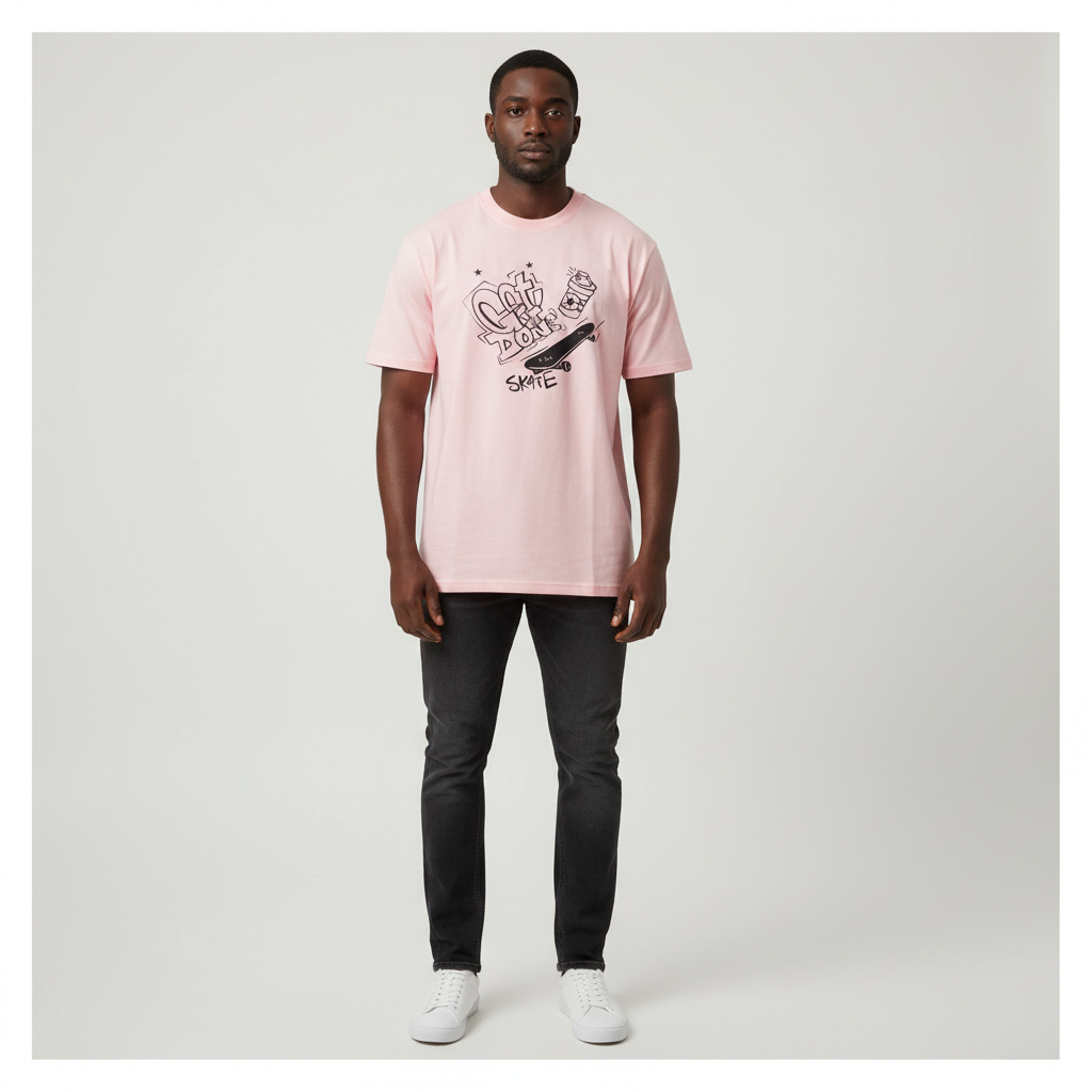 Black Nigerian male model wearing a pink skate graphic T-shirt