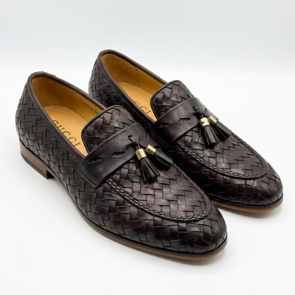 Pair of dark brown basket-weave tassel loafers on white