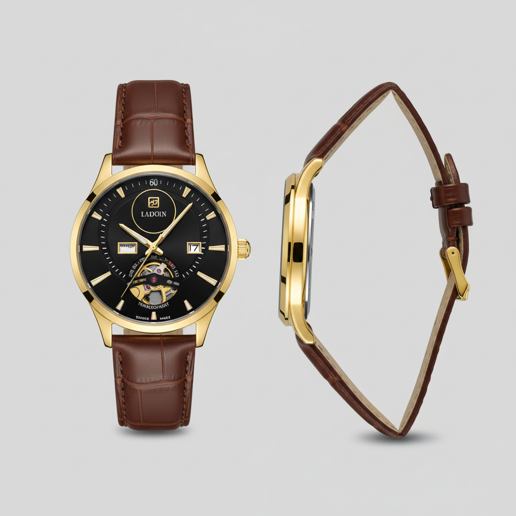 Gold-tone open-heart watch with black dial and brown textured strap shown from the front and side
