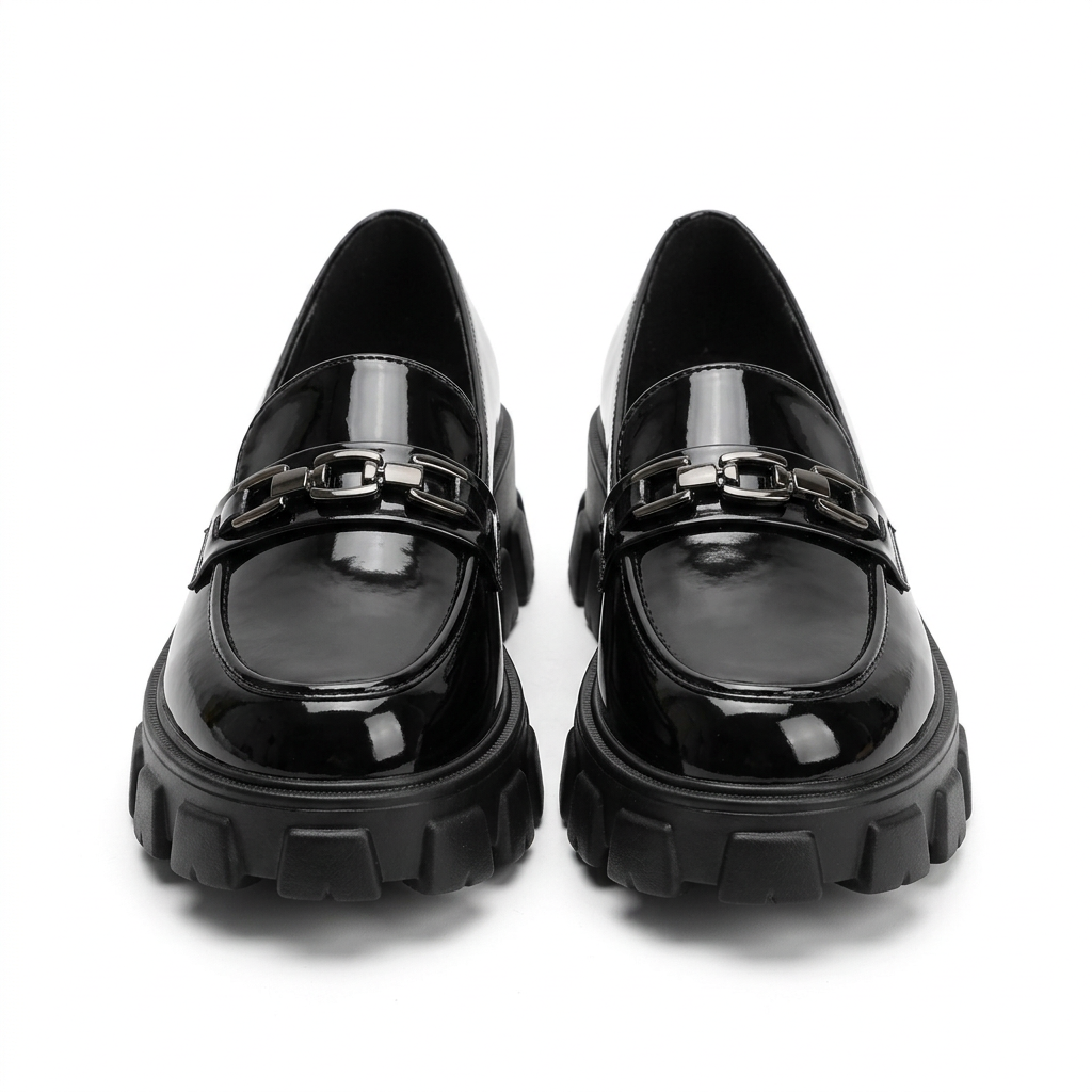 Pair of women's black glossy chain-detail chunky loafers