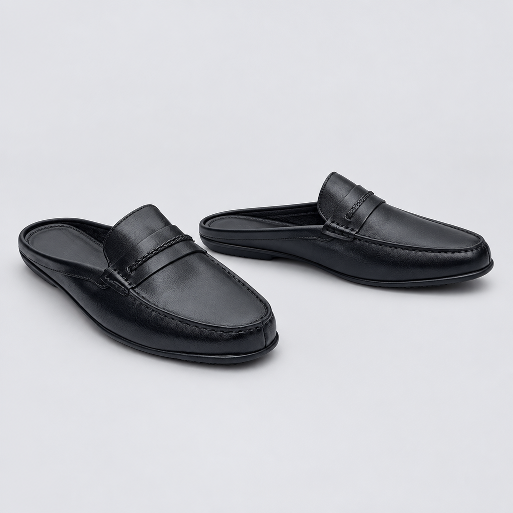 Men's black braided strap backless mule slippers, front and side view