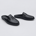 Men's black braided strap backless mule slippers, front and side view