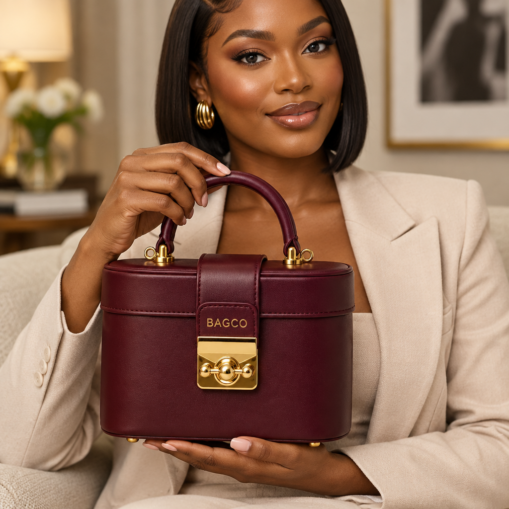 Black Nigerian woman holding oxblood top-handle box handbag