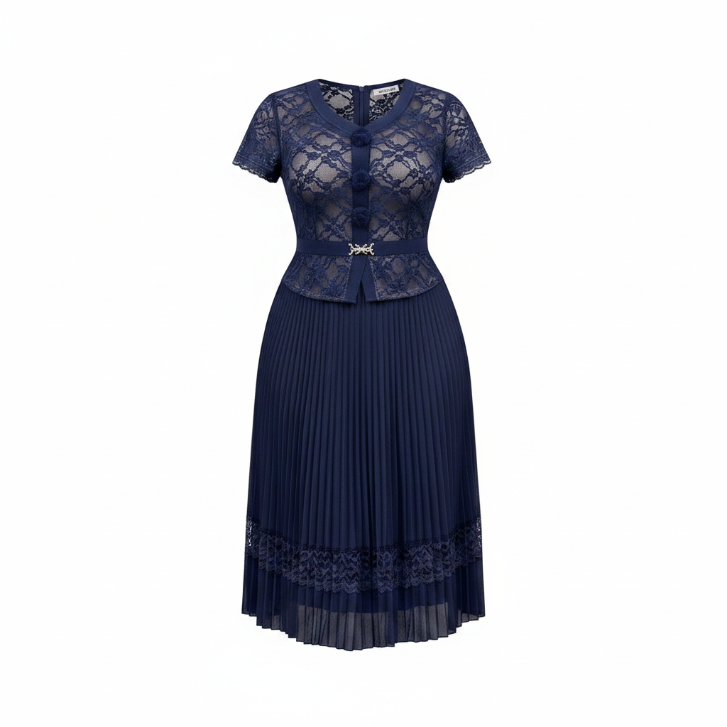 Women's Navy Blue Lace Overlay Peplum Pleated Midi Gown - Ghost Mannequin Front