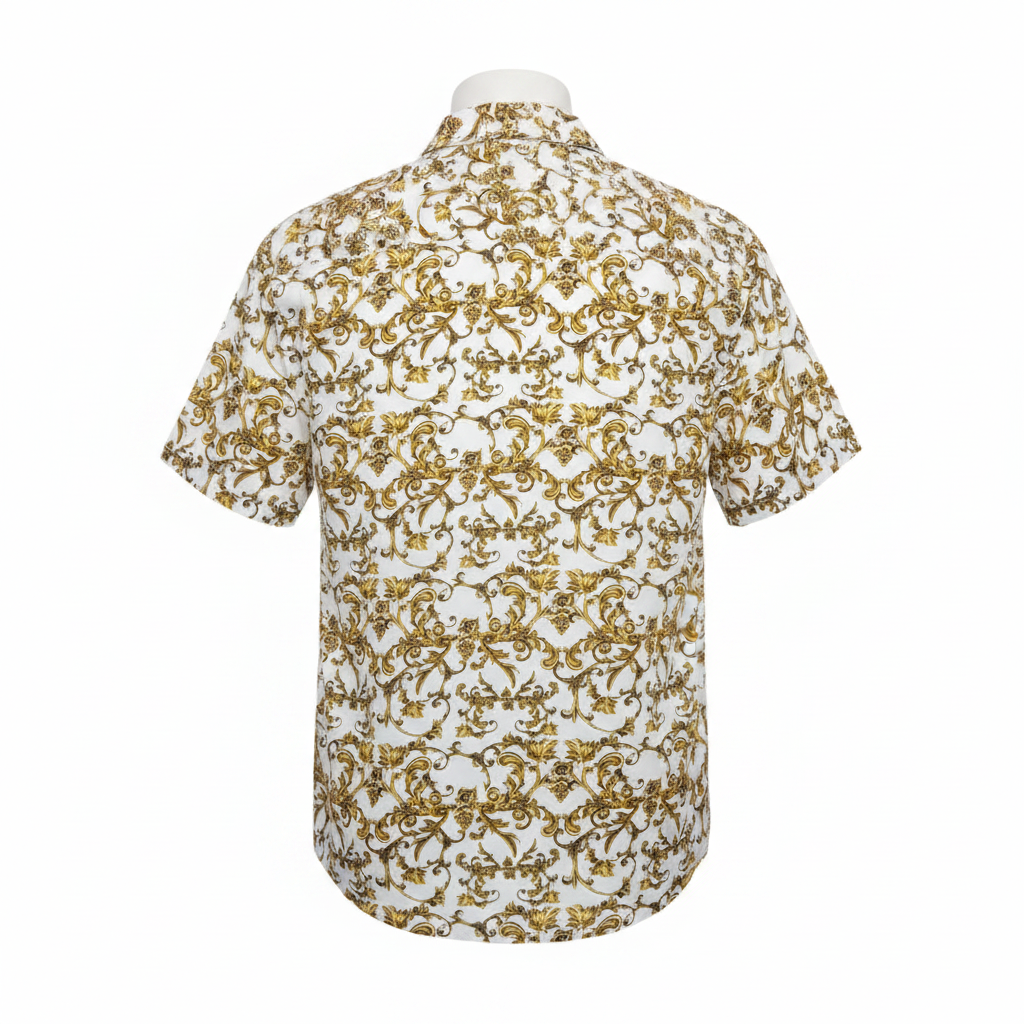 Ghost mannequin back view of white gold baroque print short-sleeved shirt