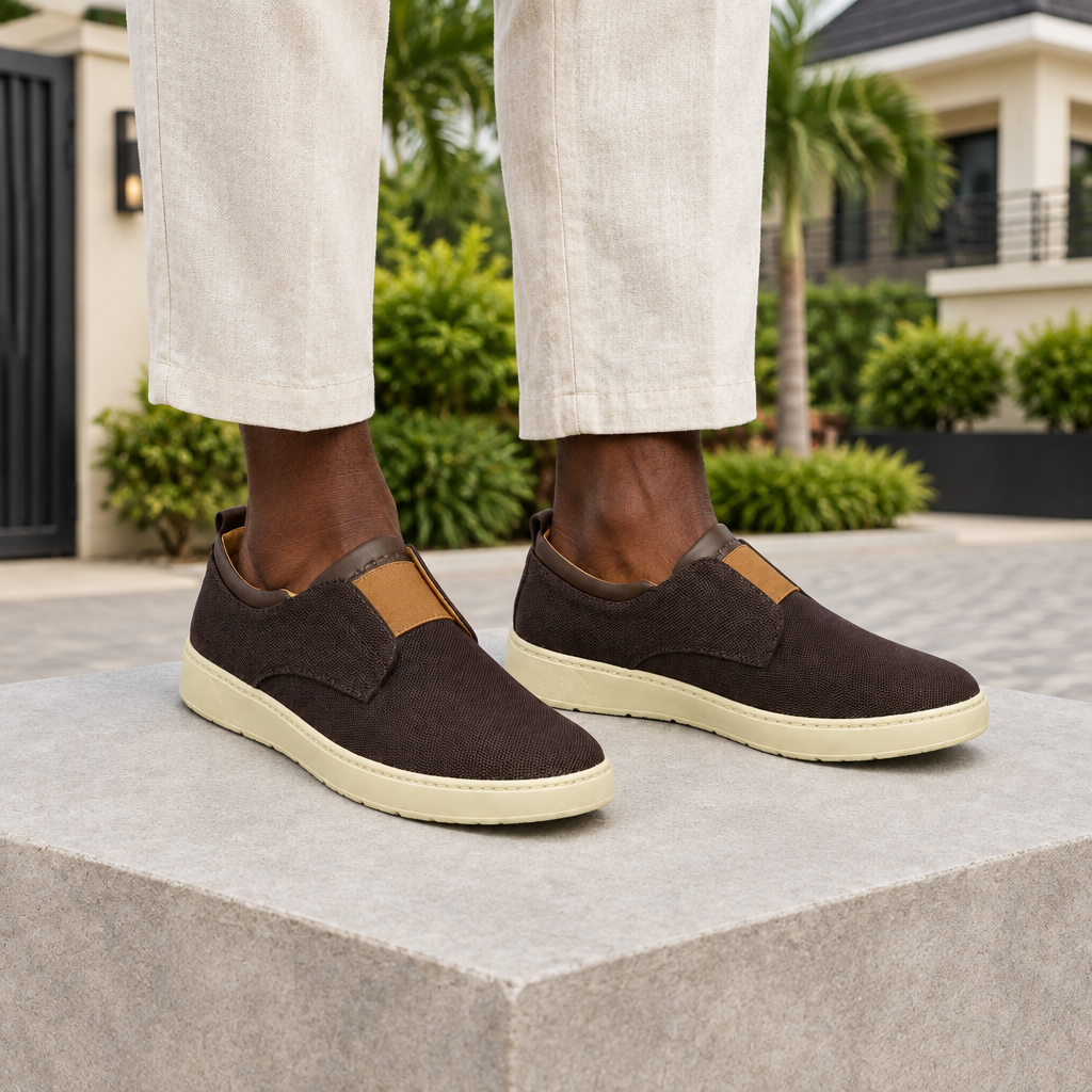 Man wearing dark brown woven slip-on sneakers with cream linen trousers