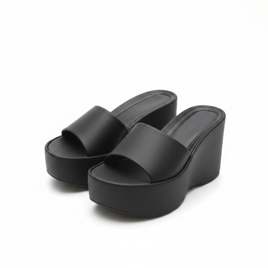Black platform wedge slide sandals ghost mannequin view