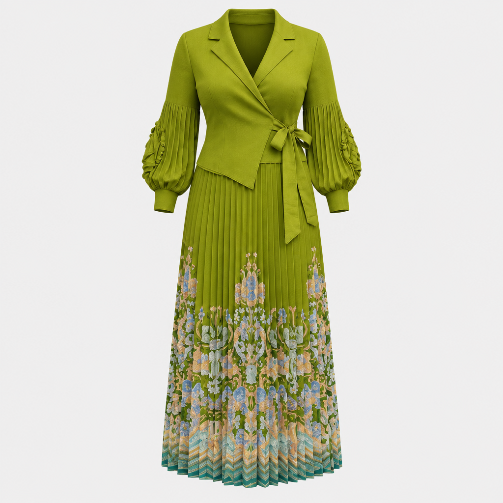 Lime-green pleated dress with printed hem on invisible mannequin
