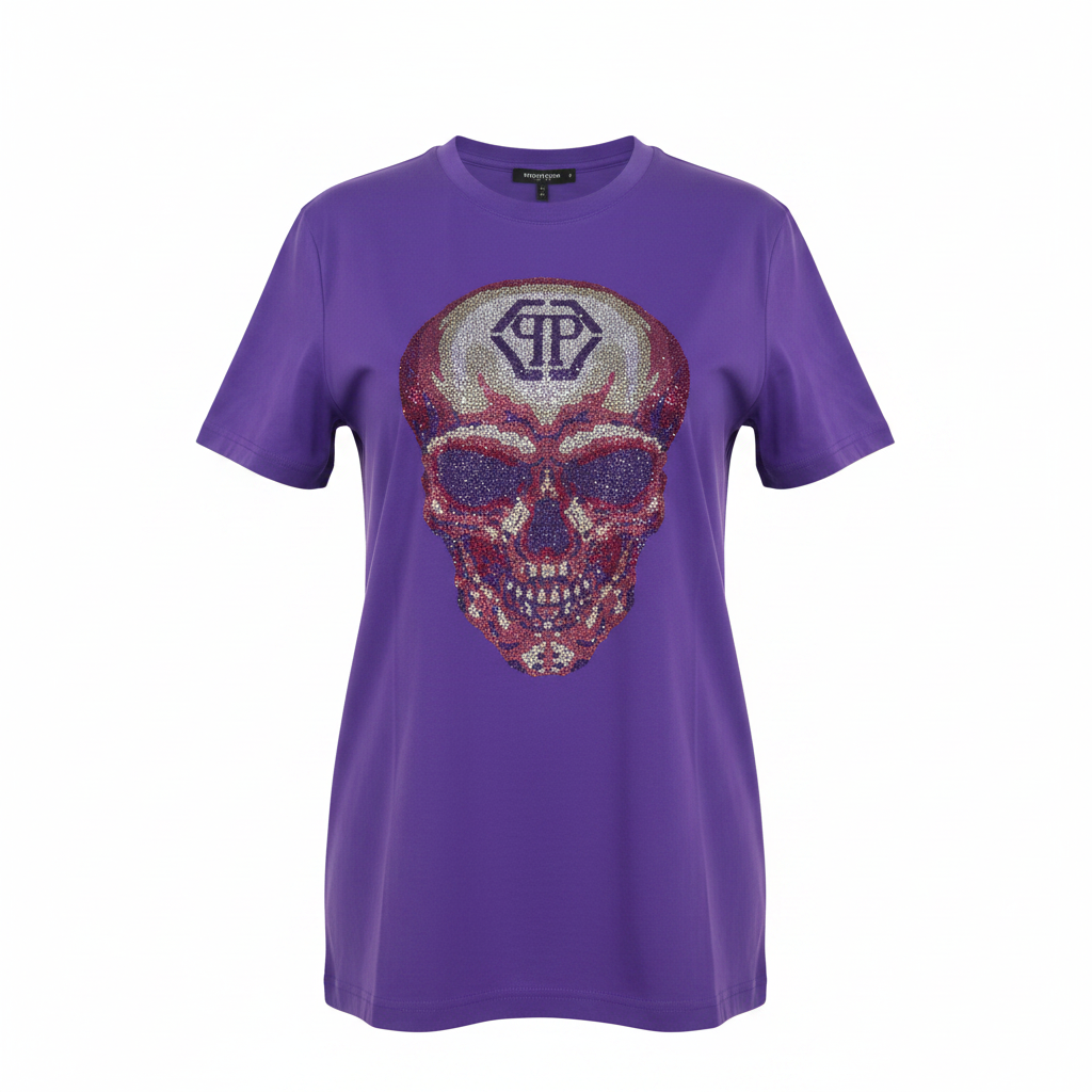 Women's purple rhinestone crystal skull graphic crew neck tee - ghost mannequin front view