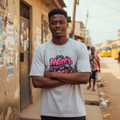 Young Nigerian male model wearing Money on Lock grey graphic tee