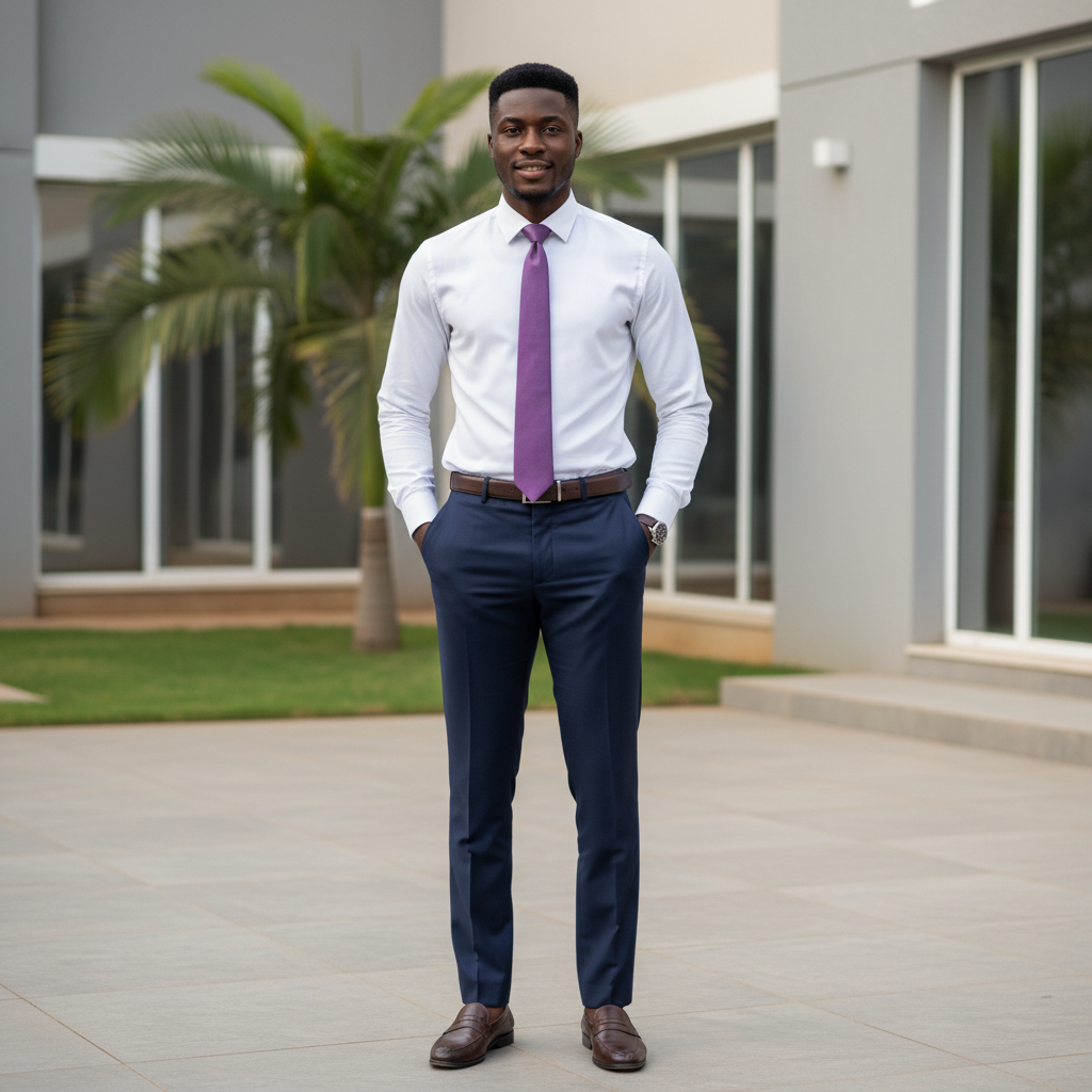 Nigerian male model wearing solid purple woven necktie with white shirt