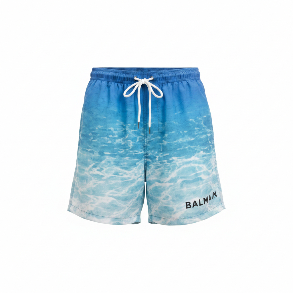 Blue gradient ocean print shorts on ghost mannequin, white background