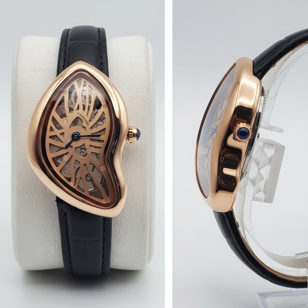 Asymmetric rose gold skeleton dial watch with black strap front and side view