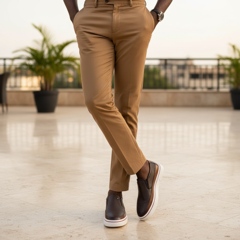 Nigerian male model wearing Tommy Hilfiger espresso brown pebbled leather slip-on sneakers, leg focus lifestyle shot