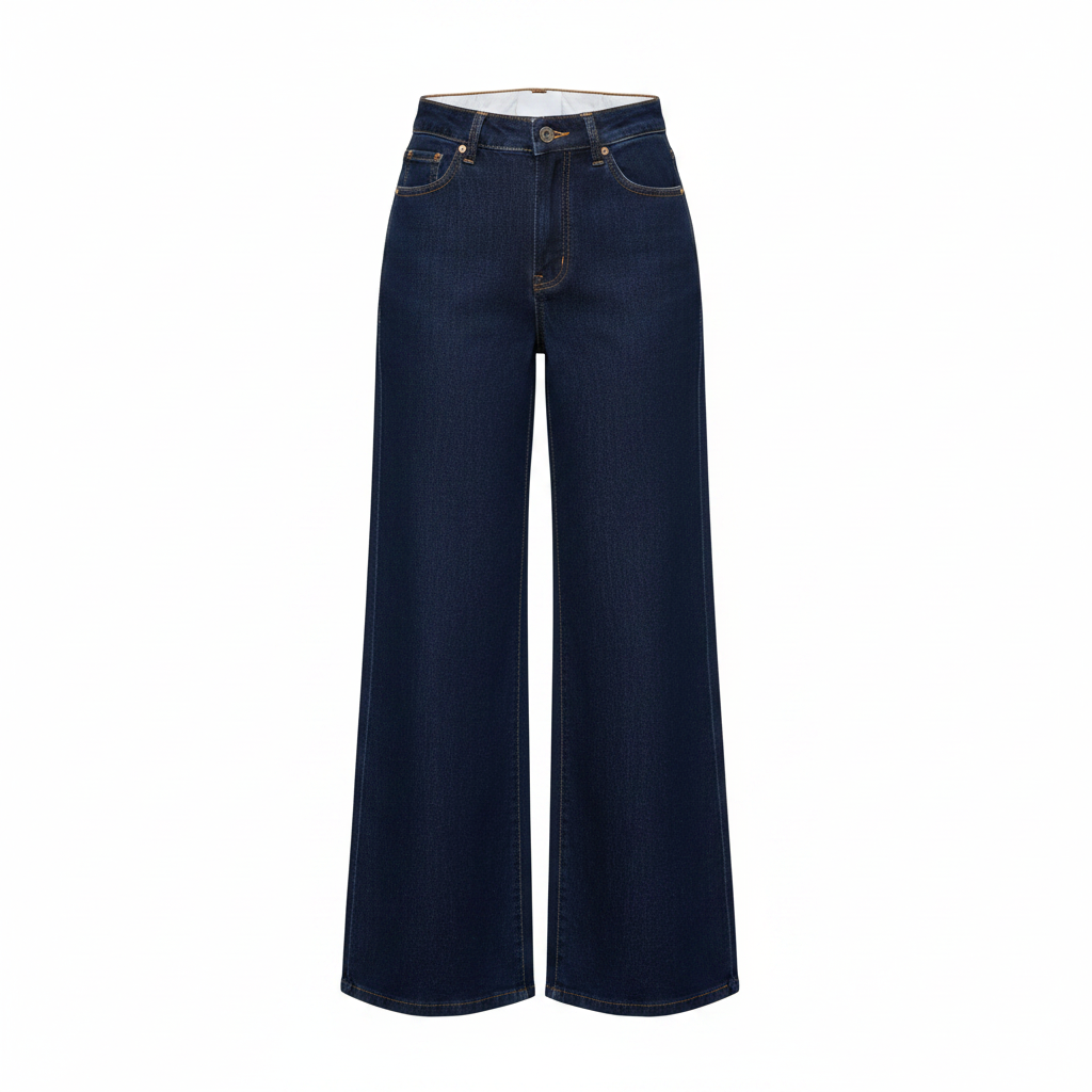 Navy Blue High-Waist Palazzo Jeans – Ghost Mannequin Front