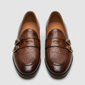 Men's brown double-monk loafers with snake-textured vamp, straight-on view of the pair