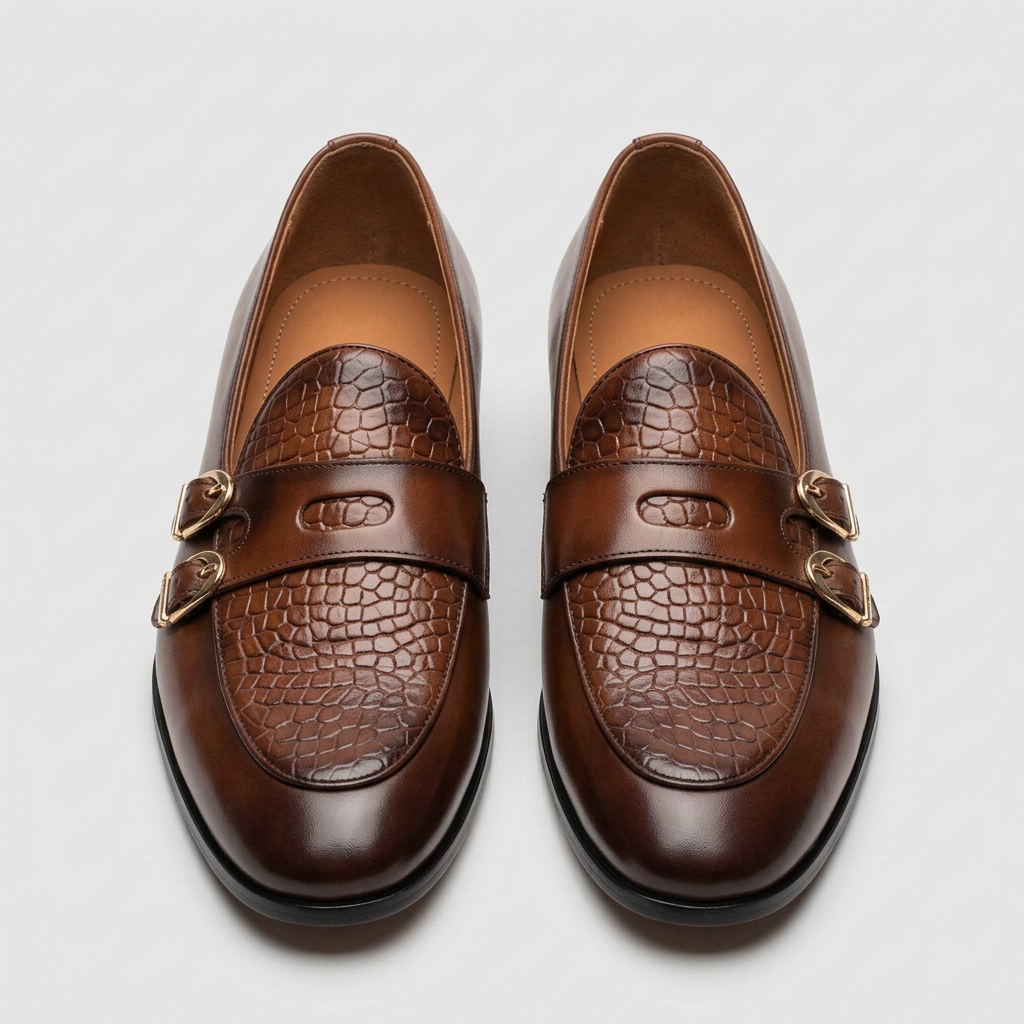Men's brown double-monk loafers with snake-textured vamp, straight-on view of the pair