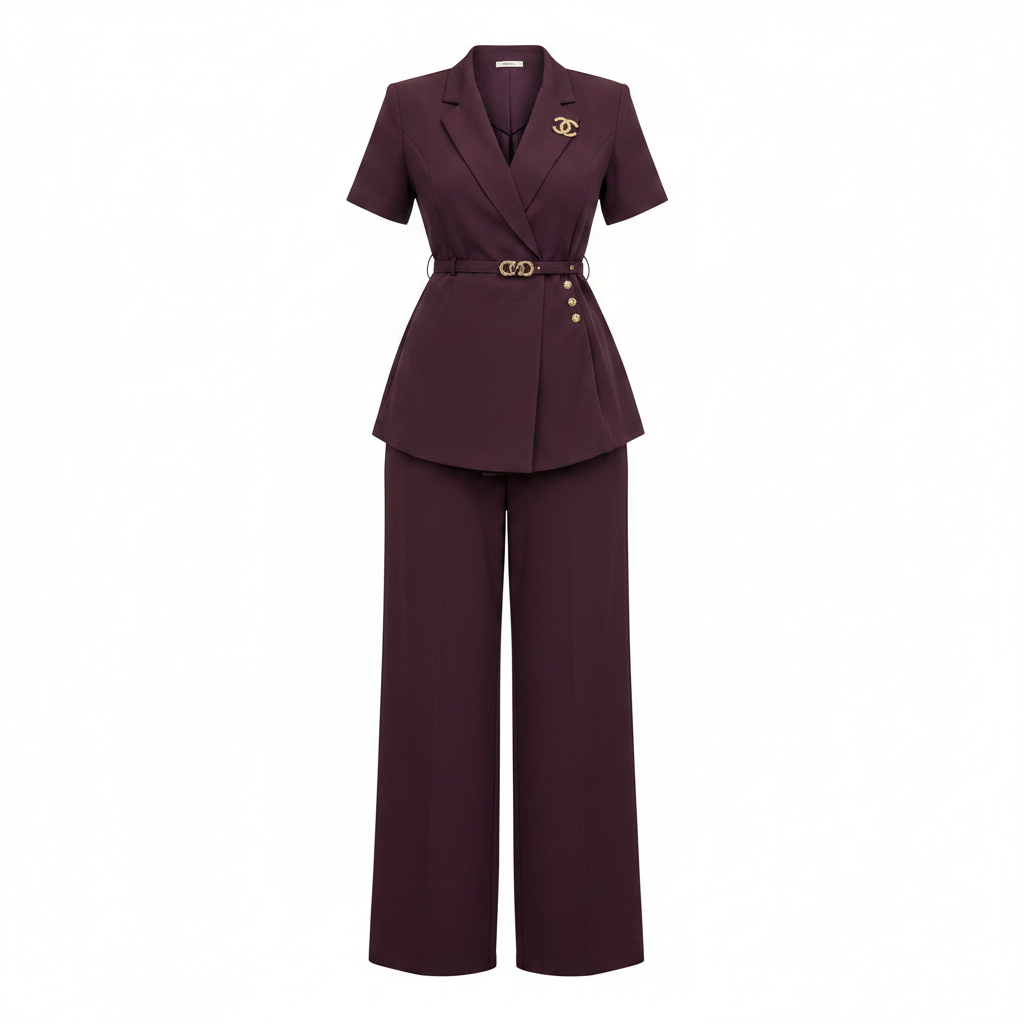 Women's short-sleeve belted blazer co-ord set in dark purple – ghost mannequin front view