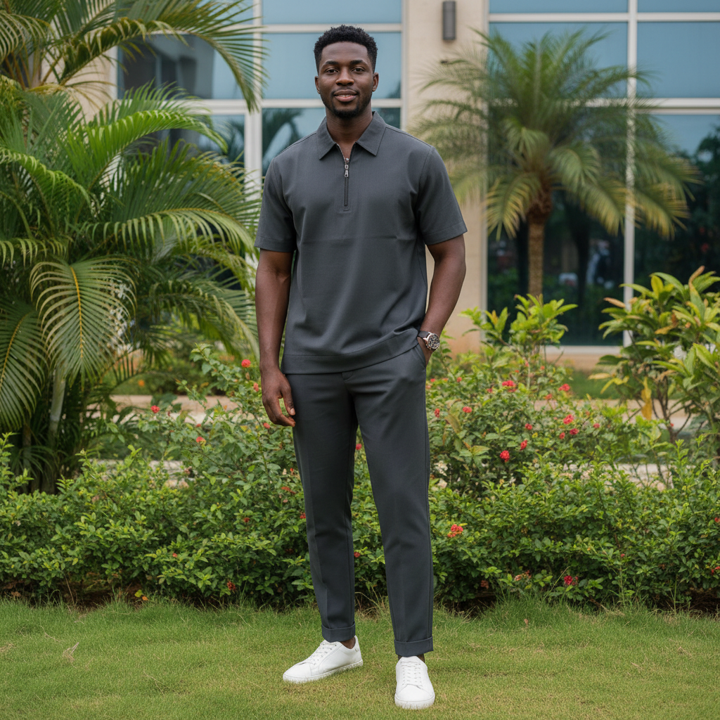 Men's Charcoal Grey Zip Polo & Straight-Leg Trousers Co-ord Set – Model Shot