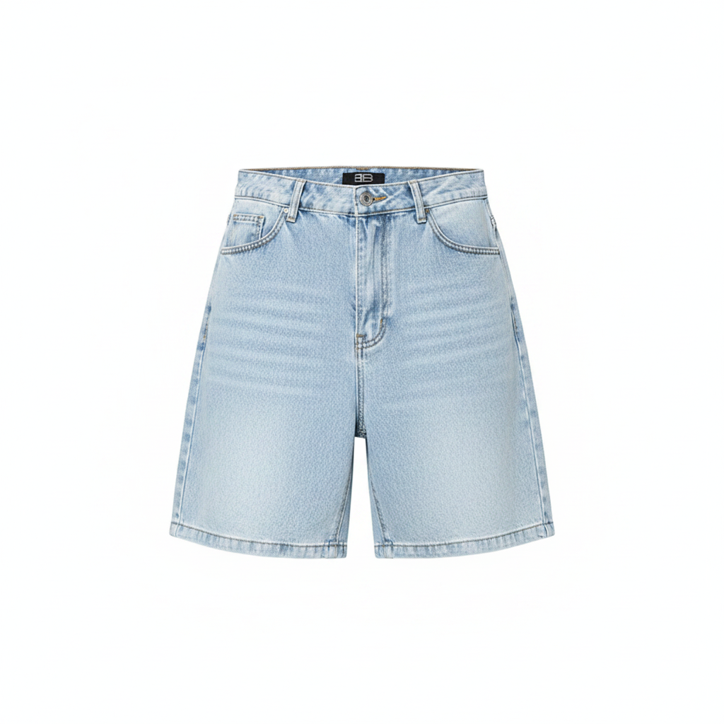 Ghost mannequin front view of light blue acid wash clean relaxed fit denim shorts