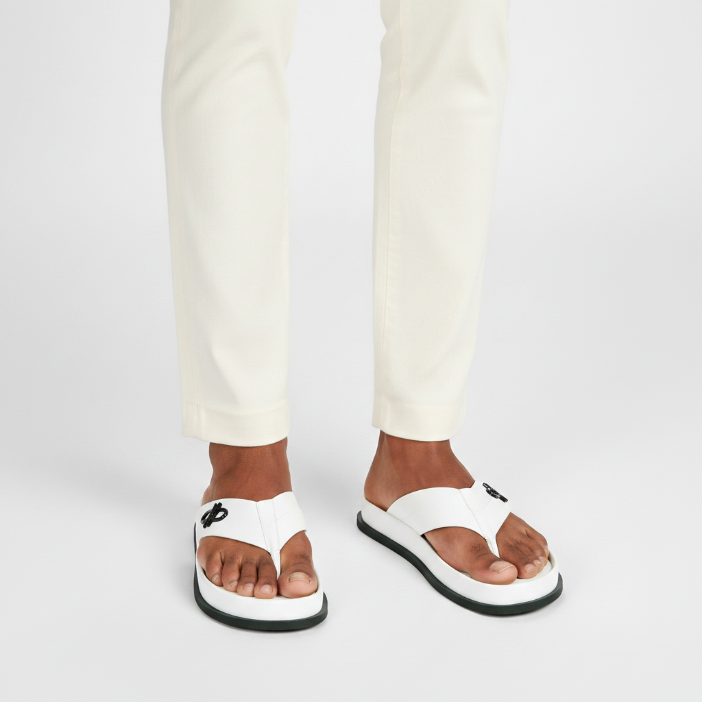 Close-up leg focus showing both men's white leather black emblem thong sandals with cream trouser hem
