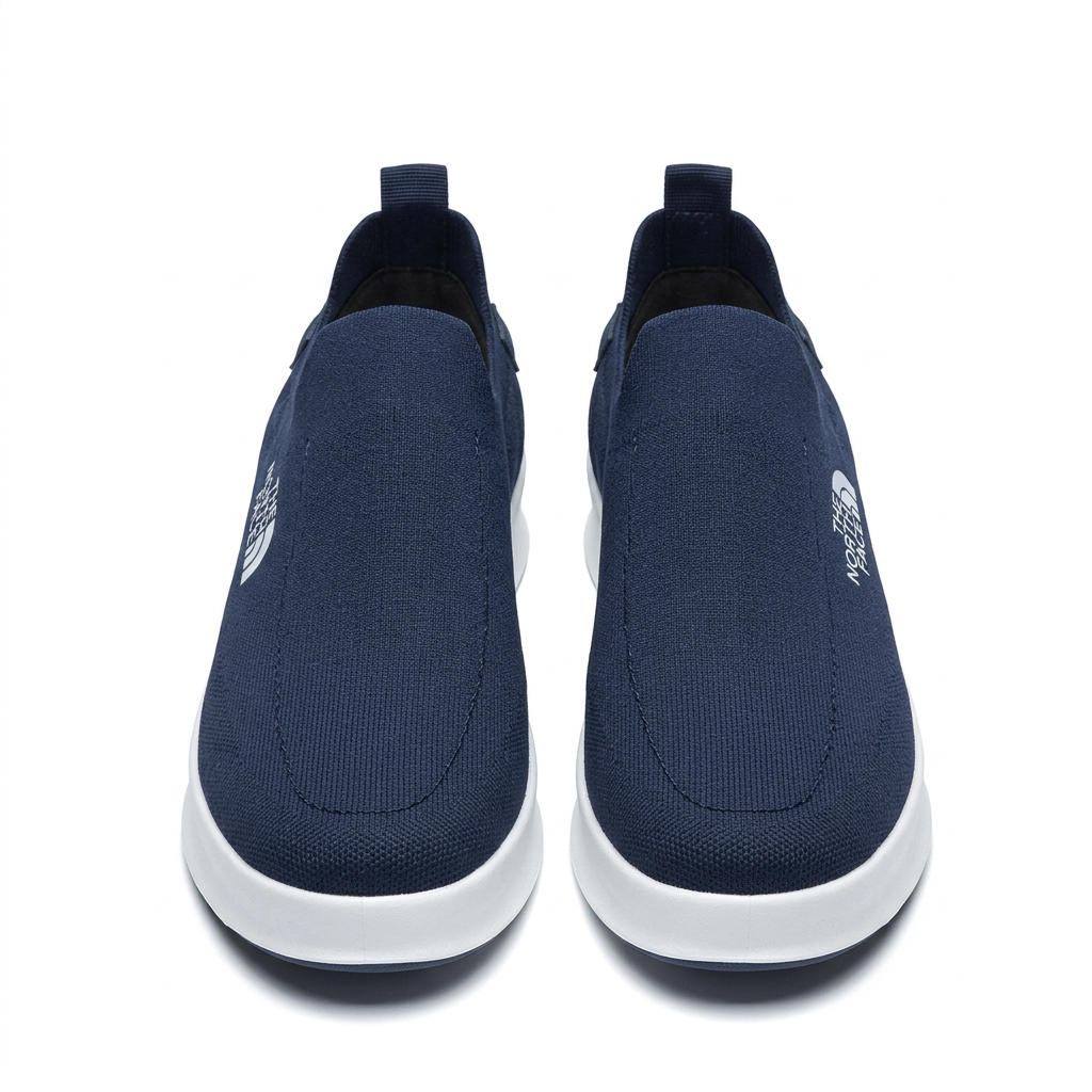 Straight-on navy slip-on sneakers with textured uppers and white soles