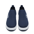 Straight-on navy slip-on sneakers with textured uppers and white soles