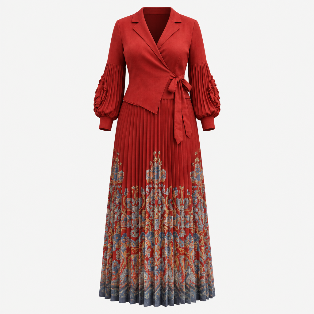 Red pleated dress with printed hem on invisible mannequin
