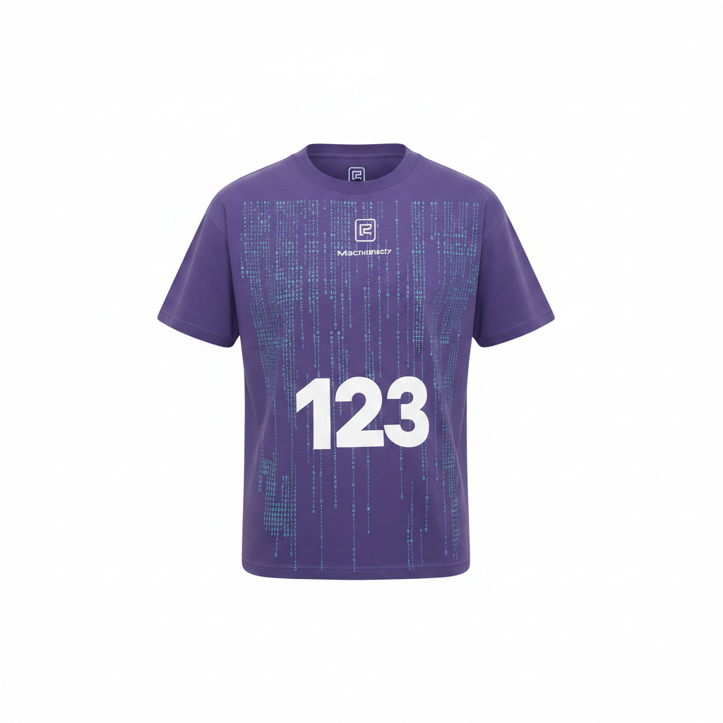 Men's purple binary code graphic print shirt ghost mannequin front view